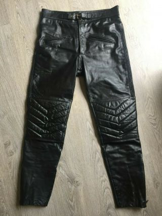 Mens Vintage Dynamic Black Leather Motorcycle Trousers Size 36 Eu46 Harley Biker