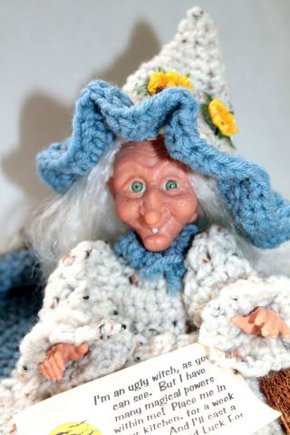 Vintage Good Luck Kitchen Witch Doll W/ Broom Crocheted Dress Blue Crochet