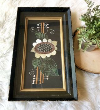 Vtg Lyre Harp Sunflower Hand Stitch Framed Picture Artwork Needle Art Embroidery