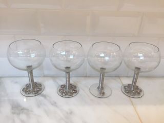 Set Of 4 Vintage Rounded Wine Goblets Medium Stem Glasses.  All Unique