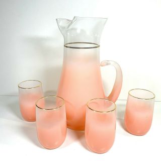 Vtg Blendo Peach Pink Color Juice Pitcher And 4 Glasses Tumblers West Virginia