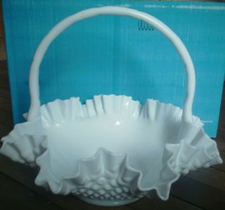 Vintage Fenton Hobnail White Milk Glass Basket W/ Handle Ruffled Edge 11.  5 " W