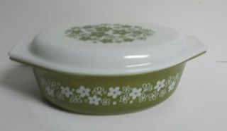 Vintage Green Pyrex Spring Blossom 2.  5qt Oval Deep Casserole Dish W/cover 045