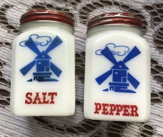 Vintage (1957) Milk Glass Salt And Pepper Shakers With Red Metal Lids