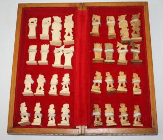 Vintage Hand Carved Bone Chess Set W/ Folding Wood Box Fast Usa