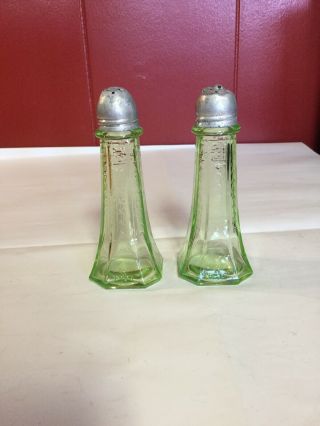 Vintage Vaseline Glass Salt & Pepper Shakers - Green Uranium Tulip Pattern