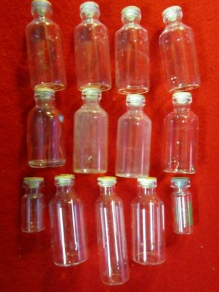 13 Vintage Assorted Glass Lab Bottles With Rubber Caps