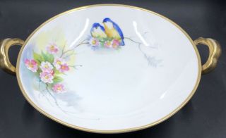 Vintage Nippon Hand Painted Bowl 2 Bluebirds & Pink Flowers Footed 7”