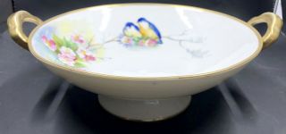 Vintage Nippon Hand Painted Bowl 2 Bluebirds & Pink Flowers Footed 7” 2