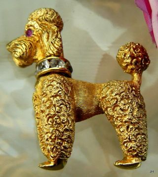 Napier Vtg Signed French Poodle Dog Pin Brooch Rhinestone Collar Head Turns