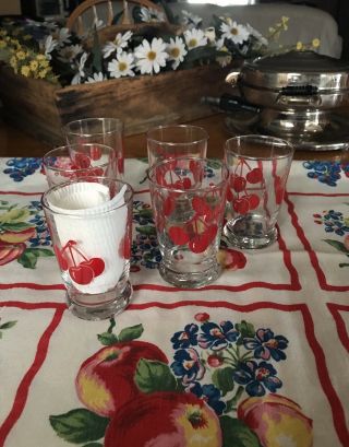 Set Of 6 Vintage Anchor Hocking Cherry Design Juice Glasses Never Been 3
