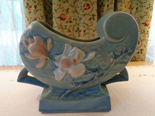 Lovely Vintage 1943 Roseville Pottery Blue “magnolia” Pattern Sleigh Vase