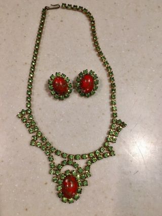 Vintage Green Rhinestone And Red Cabochon Stone Necklace And Earrings