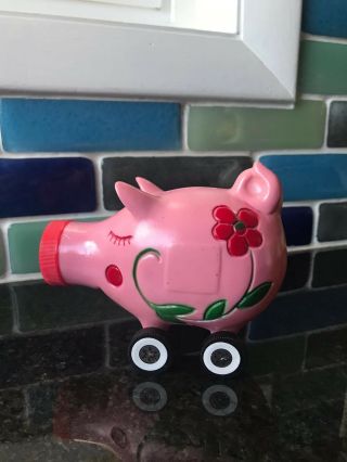 Vintage Plastic Piggy Bank Pink Pig On Wheels 1970 