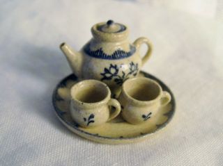 Vintage Dollhouse Jane Graber Stoneware Tea Pot & 2 Mugs On A Tray,  Stunning Set