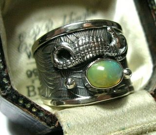 Vintage Style Solid Sterling Silver Real Opal Seahorse Jewellery Ring Size Q 8