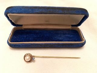 Vintage Victorian 14k Gold Stickpin With Sapphire And Pearl Presentation Box