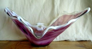 Large Vintage Art Glass Centerpiece Bowl Hand Blown Stretch Glass Purple White