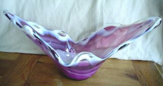 Large Vintage Art Glass Centerpiece Bowl Hand Blown Stretch Glass Purple White 2