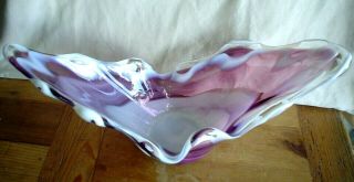 Large Vintage Art Glass Centerpiece Bowl Hand Blown Stretch Glass Purple White 3