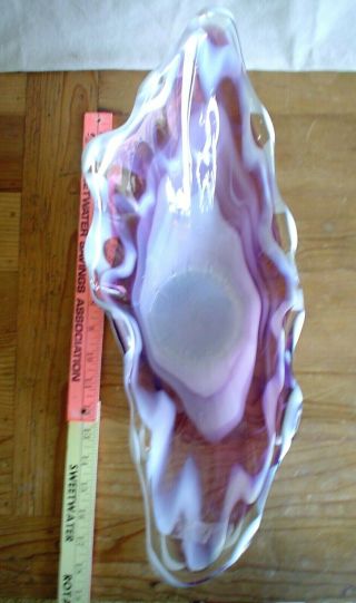Large Vintage Art Glass Centerpiece Bowl Hand Blown Stretch Glass Purple White 4