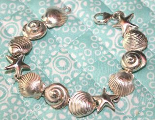 Vintage Sterling Silver 925 Star Fish Sea Shell Beach Bracelet 7 "