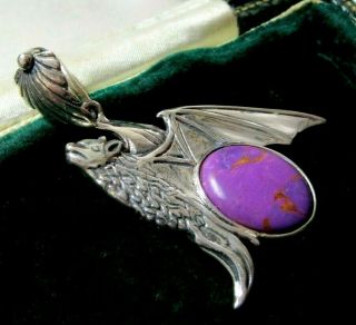Large 925 Sterling Silver Vintage Style Purple Turquoise Bat Necklace Pendant
