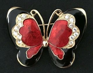 Vintage Butterfly Brooch/pin Clear Rhinestones - Red & Black Enamel 2 1/4 "