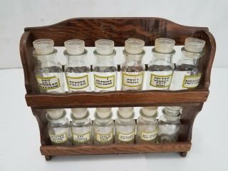 Spice Rack 12 Glass Bottles In Wooden Rack Vintage Shelf / Wall 1960 