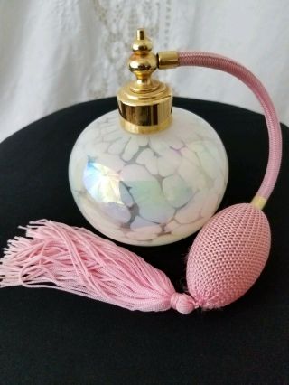 Vintage Art Glass Perfume Atomizer Bottle With Bulb,  Pink & White