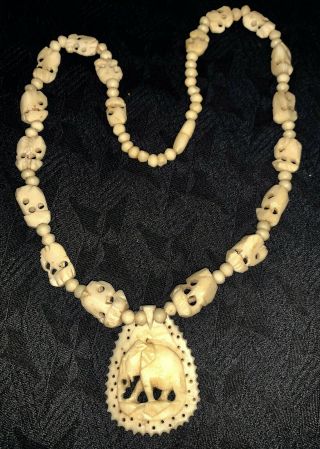Elephant Pendant Beads Necklace Bovine Bone African Carved Tribal Vintage