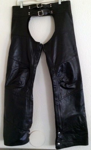 Vtg The Leather Harley Davidson Motorcycle Black 2 Buckle Leather Chaps