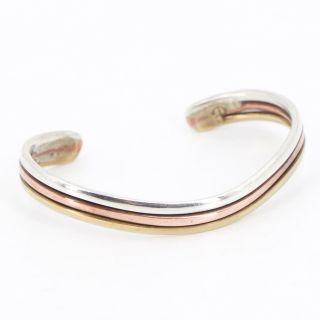 Vtg Sterling Silver Brass Copper Signed Striped Curved 6.  25 " Cuff Bracelet - 17g
