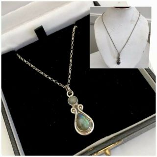Vintage Jewellery 925 Silver Moonstone Pendant On Curb Link Chain Necklace