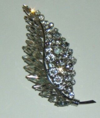Vintage Sherman Clear Color Rhinestone Leaf Or Feather Shape Brooch Pin
