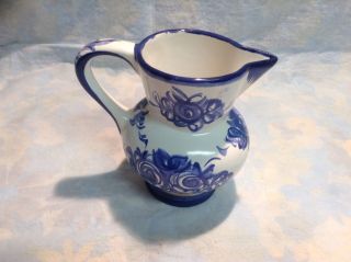 Vintage Alcobaca Vestal Floral Blue Art Pottery Wine Pitcher - Portugal