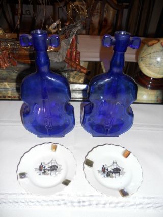Two Vintage Cobalt Blue Glass Violin Vases 8 " Tall W/vintage Piano Ashtrays