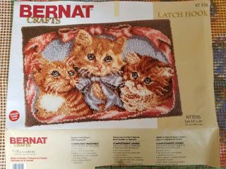 Vintage Bernat Yarn Latch Hook Kit 256 Kittens Opened Started 24 " X 34 "