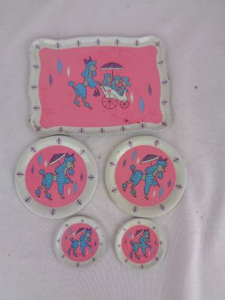Vintage Pink & Blue Poodle Tin Toy Plates And Tray