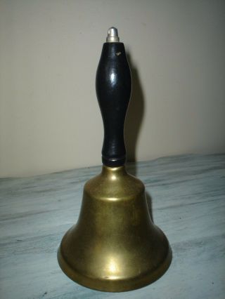 Vintage Brass School Hand Bell W Wooden Handle 7 3/4 " Tall X 4 " Diameter Vgc