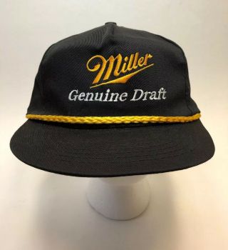 Vtg Miller Draft Beer Trucker Hat Leather Strap Back Black Gold Usa