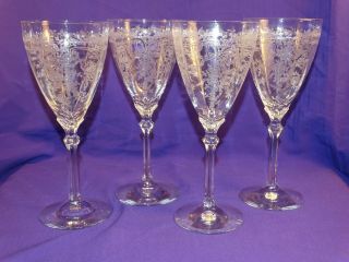 4 Vintage Fostoria Crystal 8 1/4 " Stemmed Water Goblets W/ June Etch 279 10 Oz.