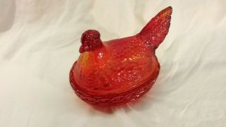 Big Red - Vintage Glass Chicken Hen On Nest Covered Candy Dish Red Amberina