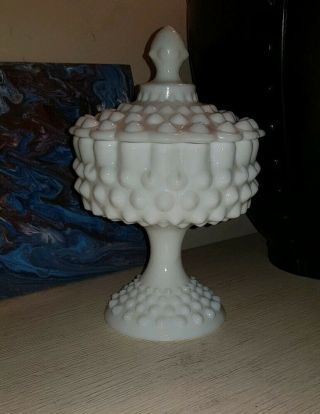 Vintage Hobnail Stemware Milk Glass Candy Dish With Lid