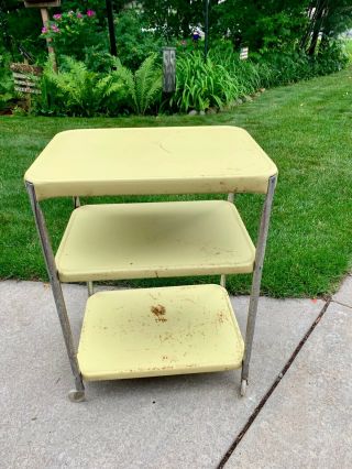 Vintage Yellow Metal Cosco Shelved Rolling Cart With Electric Plug