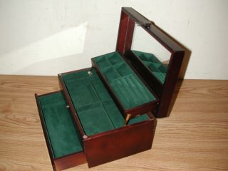 Vintage Wooden 3 - Tiered Expanded Jewelry And Trinket Box With Built - In Mirror