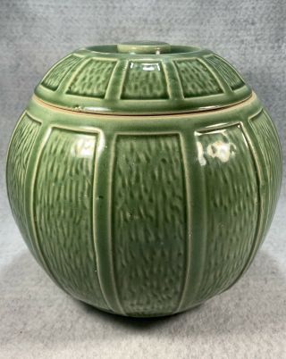 Monmouth Pottery/ Western Stoneware Vtg Ball Cookie Jar Lidded Crock Green Glaze