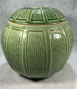 Monmouth Pottery/ Western Stoneware VTG Ball Cookie Jar Lidded Crock Green Glaze 4