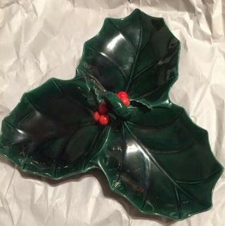Vintage Lefton Green Holly Berry 3 Compartment Nut Candy Dish Vintage Japan