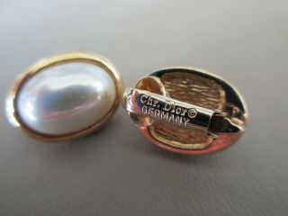 Vintage Christian Dior Gold Tone Faux Pearl Oval Clip On Earrings Very Elegant